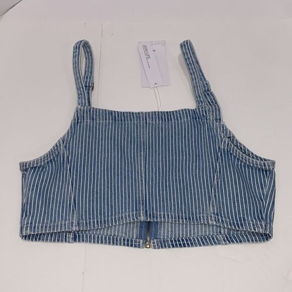 Bershka Strap Detail PinstripesBlue Denim  Zip Up Crop Top In Size Large - Picture 12 of 17
